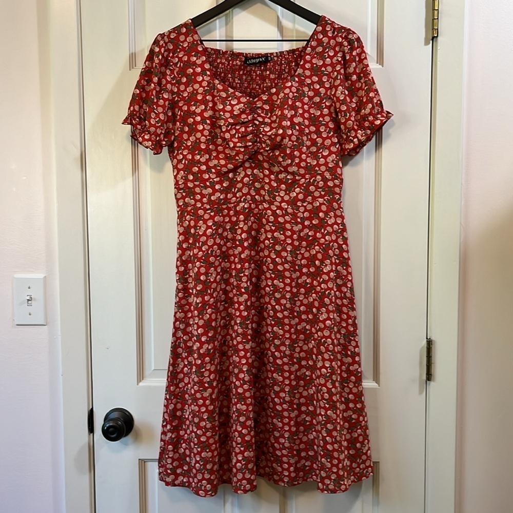Allegra K Cherry Ruched Chest Midi Dress - Size Medium